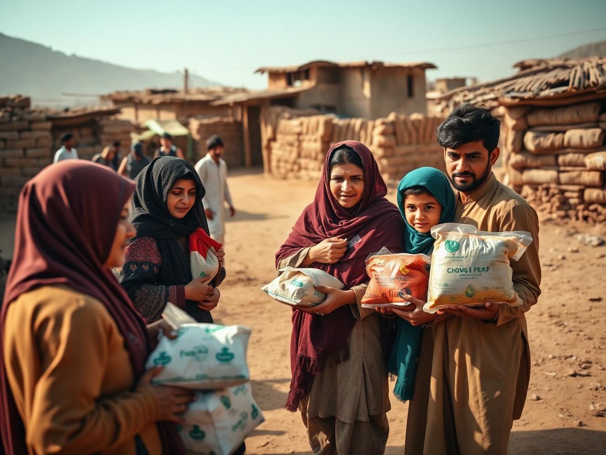 Families receiving food parcels in a rural Pakistani village